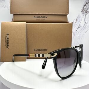 New Burberry Sunglasses Black Cat Eye Check Arms Gold Hardware Womens BURBERRY